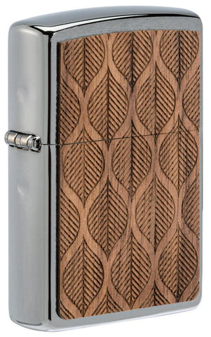 Front shot of WOODCHUCK USA Walnut Leaves Two-Sided Emblem Windproof Lighter standing at a 3/4 angle.